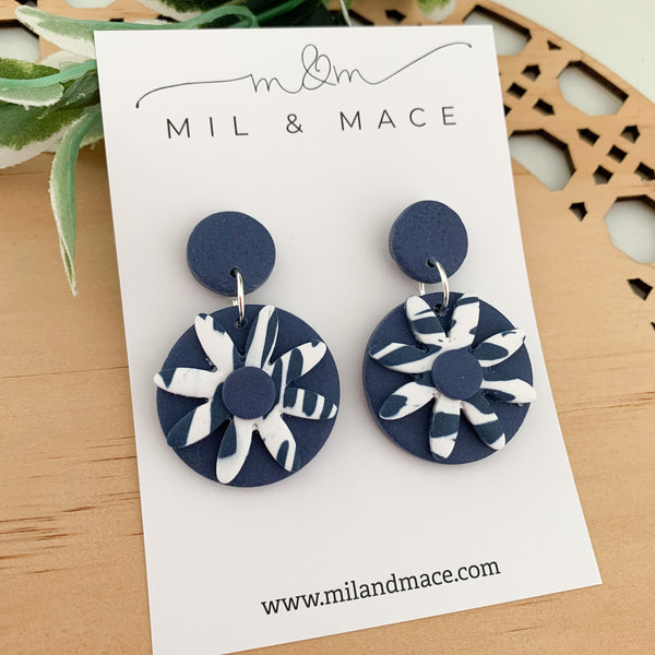 Navy and White Polymer Clay Dangle Earrings