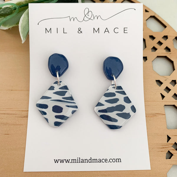 Navy and White Polymer Clay Dangle Earrings with Resin Finish