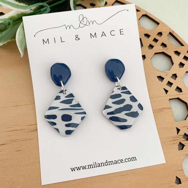 Navy and White Polymer Clay Dangle Earrings with Resin Finish