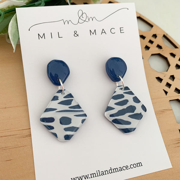 Navy and White Polymer Clay Dangle Earrings with Resin Finish