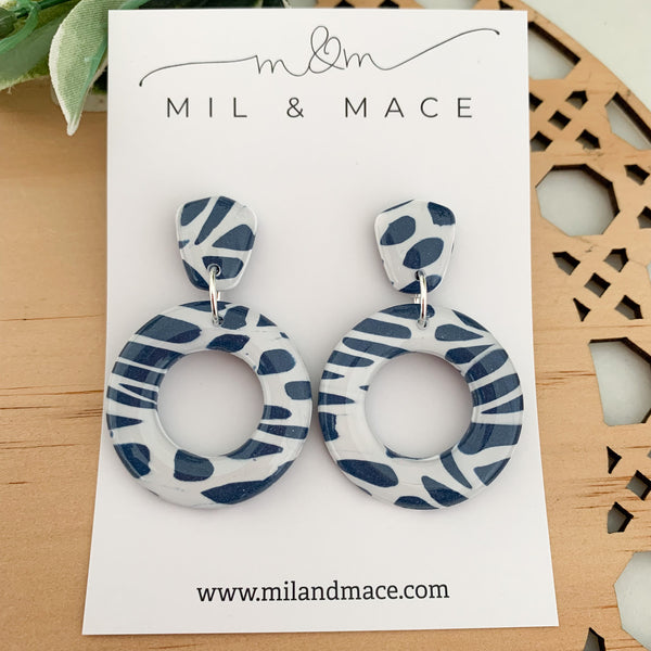 Navy and White Polymer Clay Dangle Earrings with Resin Finish