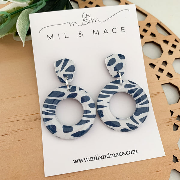 Navy and White Polymer Clay Dangle Earrings with Resin Finish