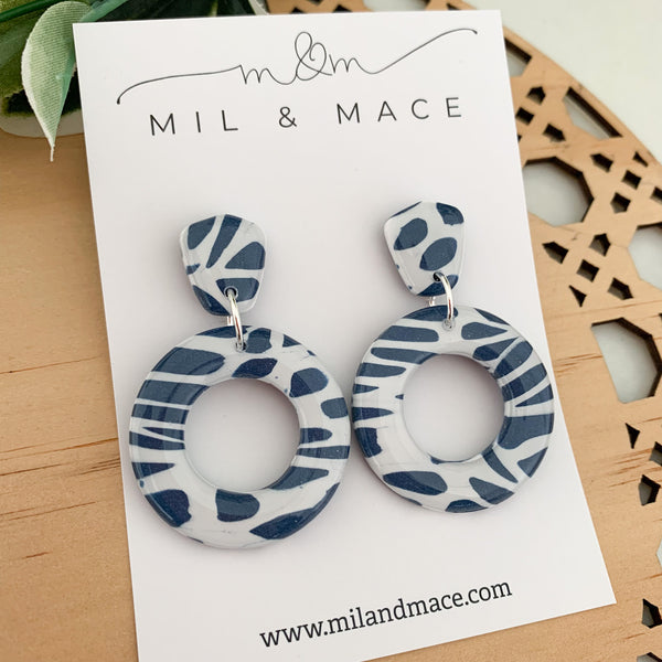 Navy and White Polymer Clay Dangle Earrings with Resin Finish