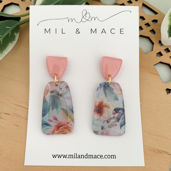 Floral Polymer Clay Dangle Earrings with Resin Finish