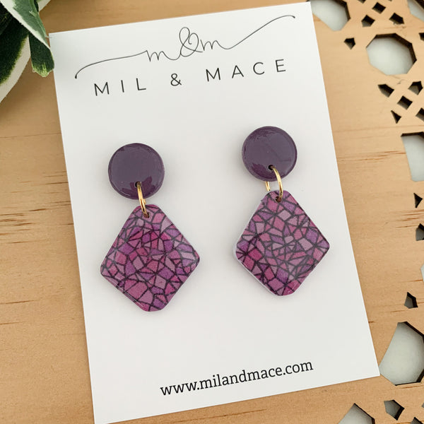 Purple Rain Polymer Clay Dangle Earrings with Resin Finish
