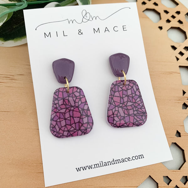 Purple Rain Polymer Clay Dangle Earrings with Resin Finish