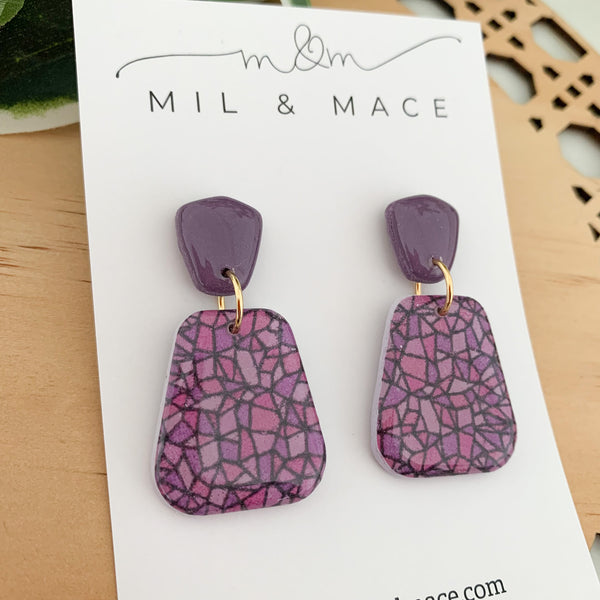 Purple Rain Polymer Clay Dangle Earrings with Resin Finish