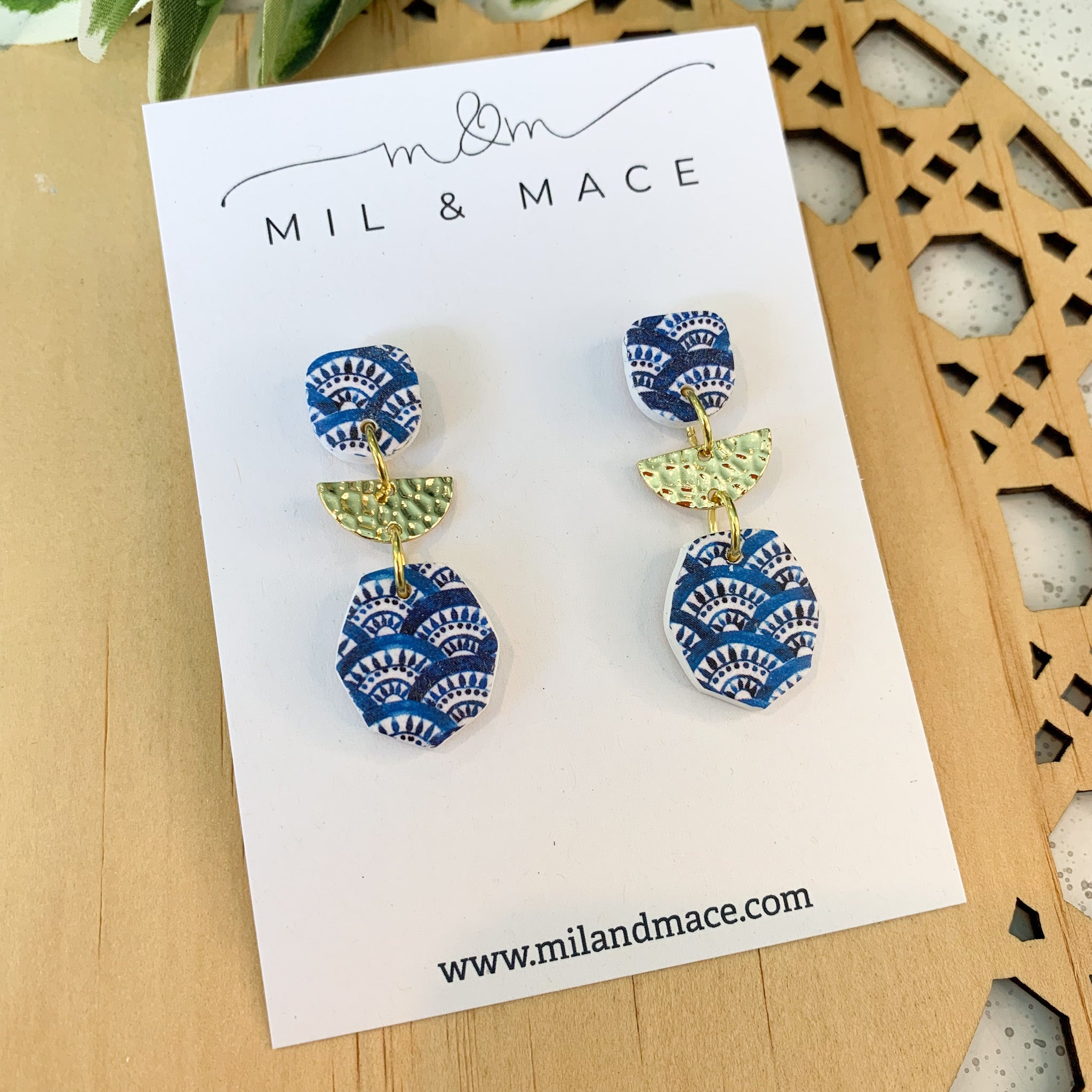 Blue Scallop Polymer Clay Dangle Earrings