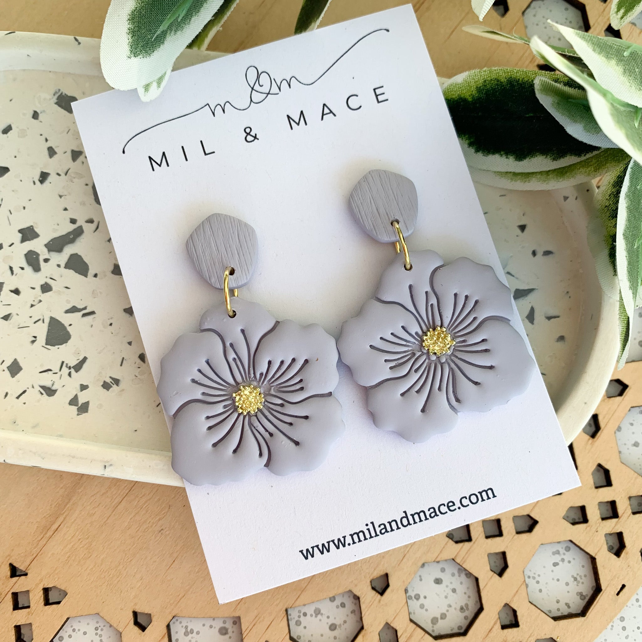 Violet Flower Polymer Clay Dangle Earrings