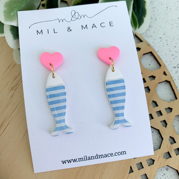 Light Blue and White Stripe Polymer Clay Dangle Earrings with Resin Finish