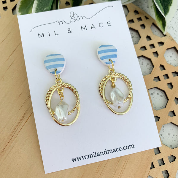 Light Blue and White Stripe Polymer Clay Dangle Earrings with Resin Finish