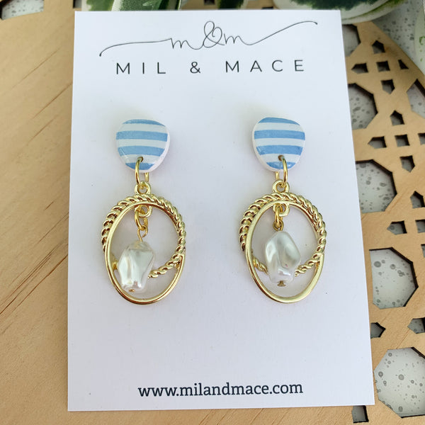 Light Blue and White Stripe Polymer Clay Dangle Earrings with Resin Finish