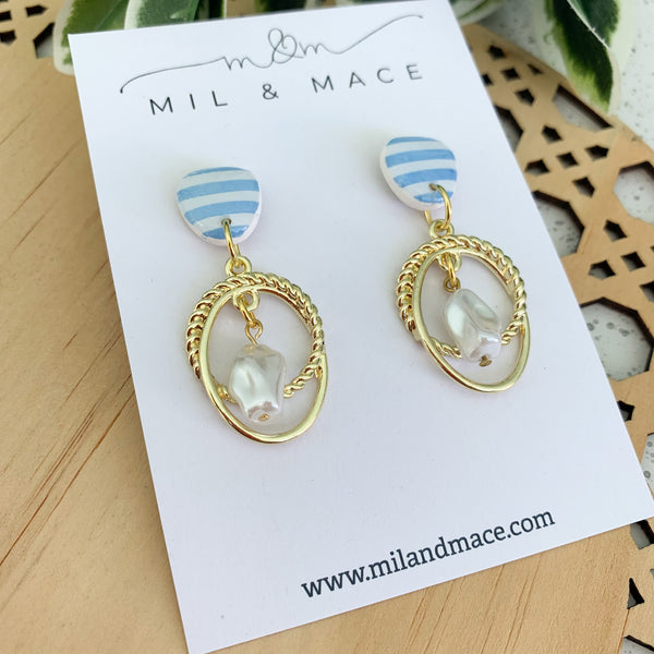 Light Blue and White Stripe Polymer Clay Dangle Earrings with Resin Finish