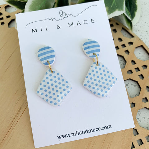 Light Blue and White Stripe Polymer Clay Dangle Earrings with Resin Finish