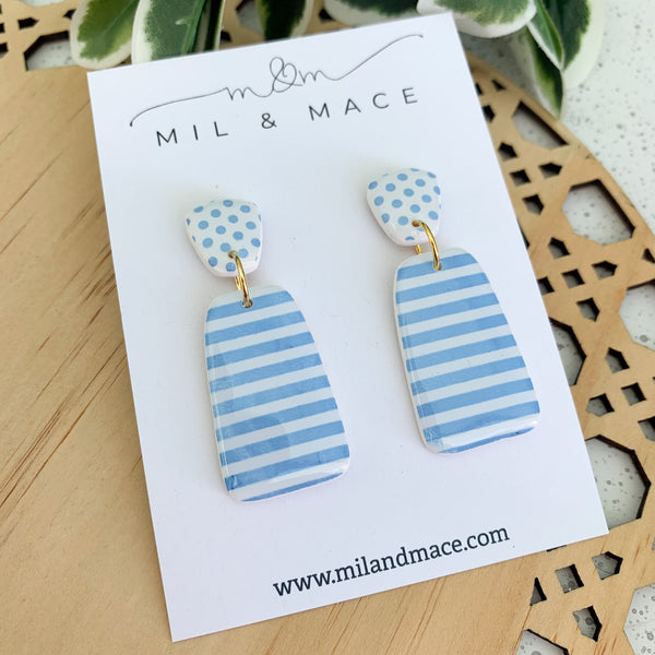 Light Blue and White Stripe Polymer Clay Dangle Earrings with Resin Finish