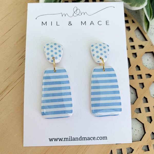 Light Blue and White Stripe Polymer Clay Dangle Earrings with Resin Finish