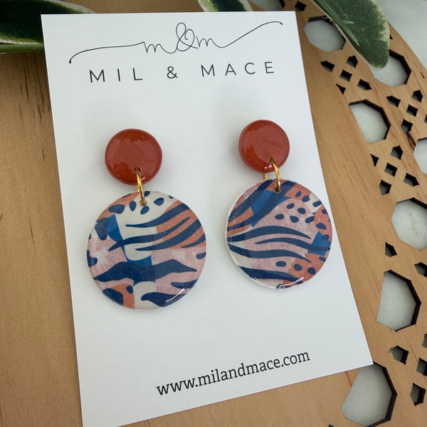 Tiger Print Polymer Clay Dangle Earrings with Resin Finish