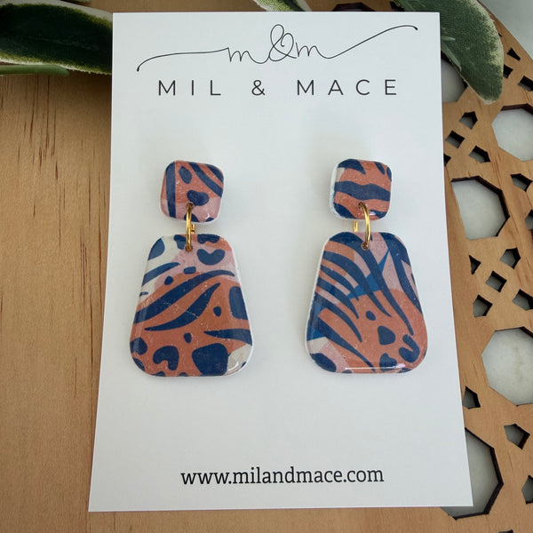 Tiger Print Polymer Clay Dangle Earrings with Resin Finish