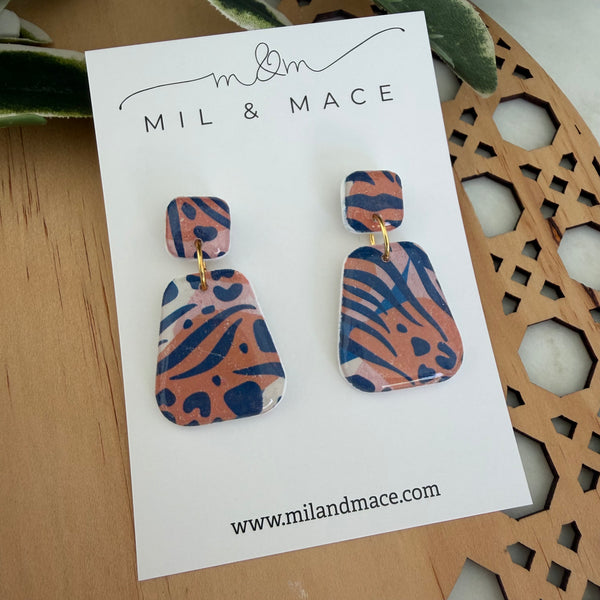Tiger Print Polymer Clay Dangle Earrings with Resin Finish