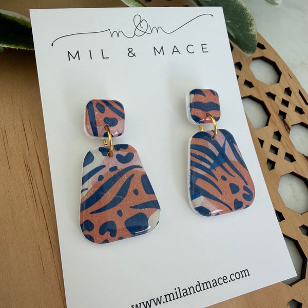 Tiger Print Polymer Clay Dangle Earrings with Resin Finish