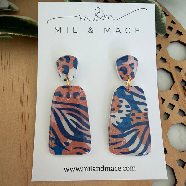 Tiger Print Polymer Clay Dangle Earrings with Resin Finish