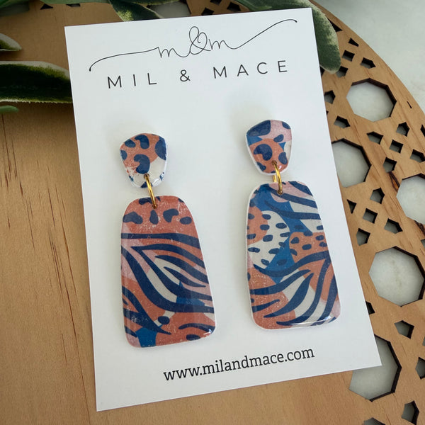 Tiger Print Polymer Clay Dangle Earrings with Resin Finish