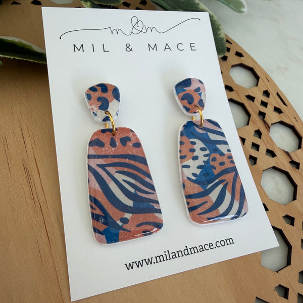 Tiger Print Polymer Clay Dangle Earrings with Resin Finish
