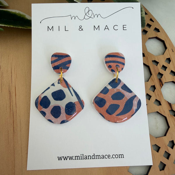 Tiger Print Polymer Clay Dangle Earrings with Resin Finish