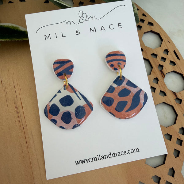 Tiger Print Polymer Clay Dangle Earrings with Resin Finish