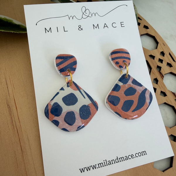 Tiger Print Polymer Clay Dangle Earrings with Resin Finish