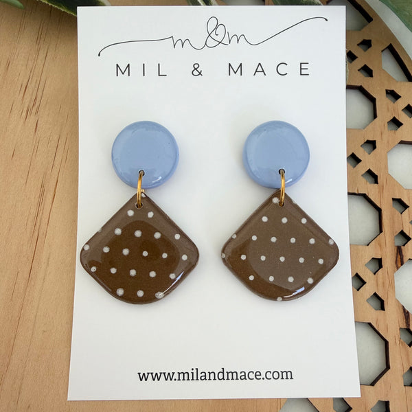 Brown and White Polymer Clay Dangle Earrings with Resin Finish