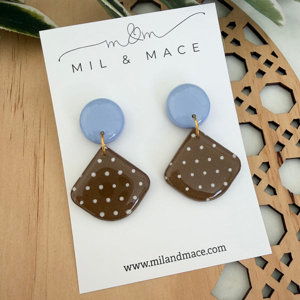 Brown and White Polymer Clay Dangle Earrings with Resin Finish