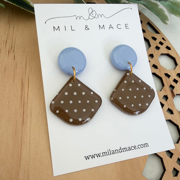 Brown and White Polymer Clay Dangle Earrings with Resin Finish