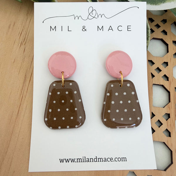 Brown and White Polymer Clay Dangle Earrings with Resin Finish