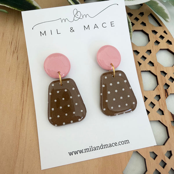 Brown and White Polymer Clay Dangle Earrings with Resin Finish