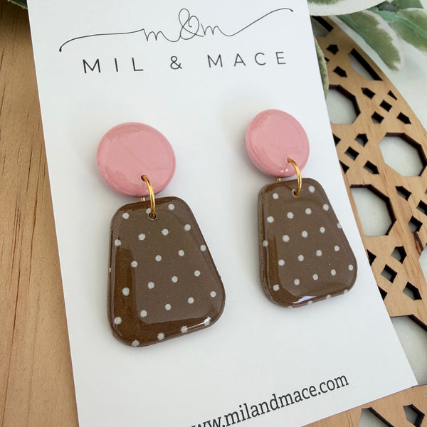 Brown and White Polymer Clay Dangle Earrings with Resin Finish