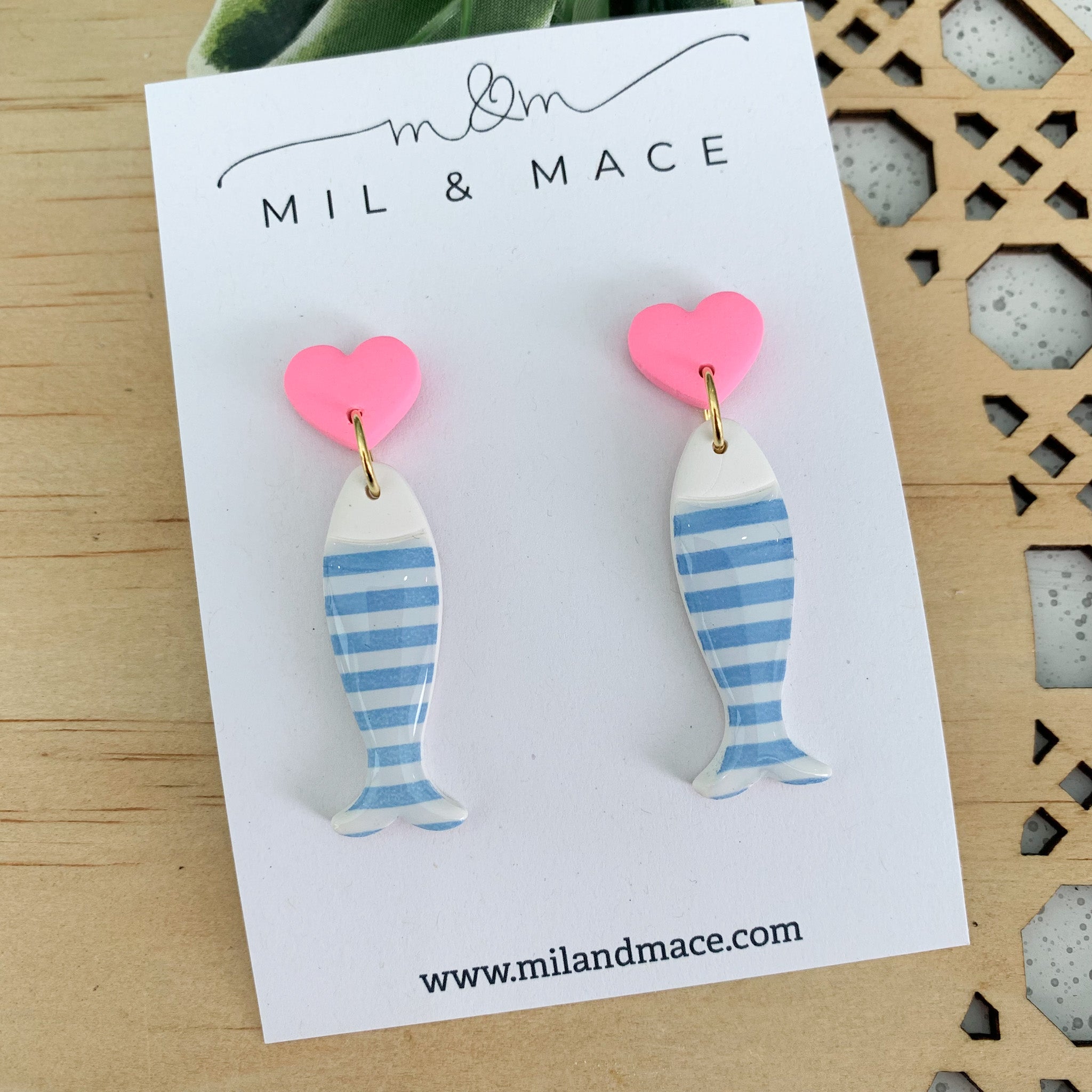 Light Blue and White Stripe Polymer Clay Dangle Earrings with Resin Finish