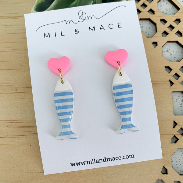 Light Blue and White Stripe Polymer Clay Dangle Earrings with Resin Finish