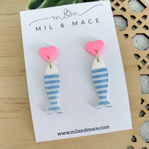 Light Blue and White Stripe Polymer Clay Dangle Earrings with Resin Finish