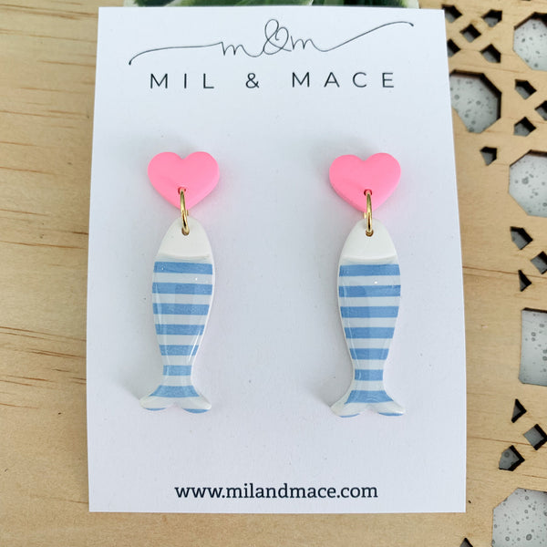 Light Blue and White Stripe Polymer Clay Dangle Earrings with Resin Finish
