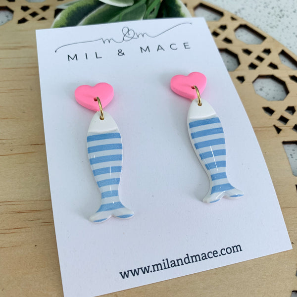 Light Blue and White Stripe Polymer Clay Dangle Earrings with Resin Finish