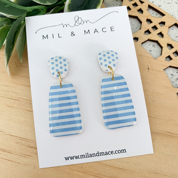 Light Blue and White Stripe Polymer Clay Dangle Earrings with Resin Finish