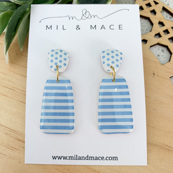 Light Blue and White Stripe Polymer Clay Dangle Earrings with Resin Finish