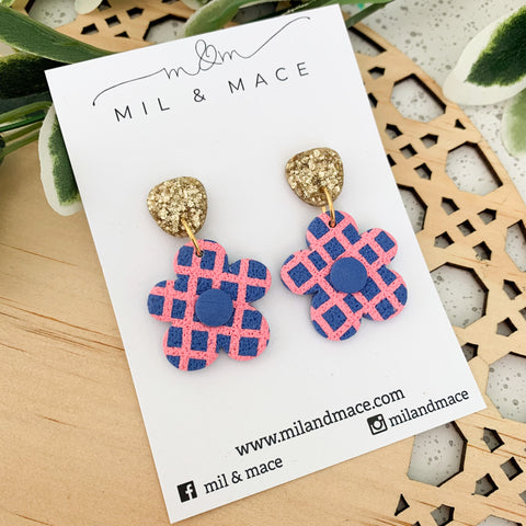 Pink and Blue Check Polymer Clay Dangle Earrings