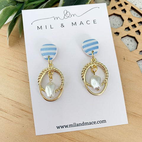 Light Blue and White Stripe Polymer Clay Dangle Earrings with Resin Finish
