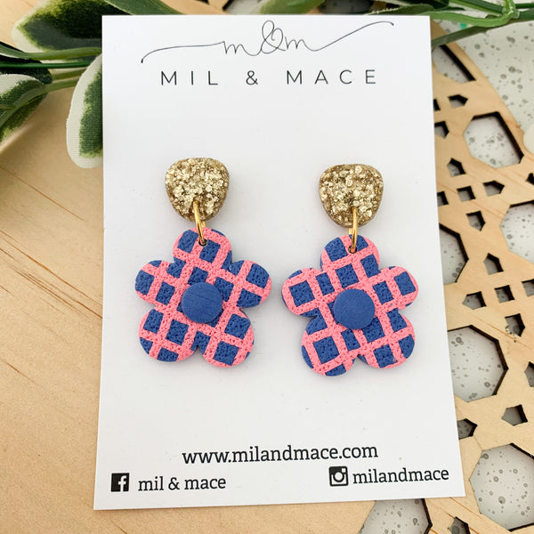 Pink and Blue Check Polymer Clay Dangle Earrings