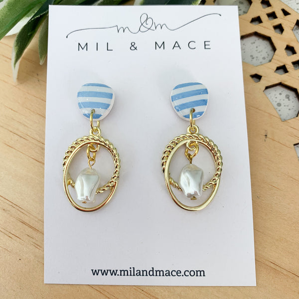 Light Blue and White Stripe Polymer Clay Dangle Earrings with Resin Finish