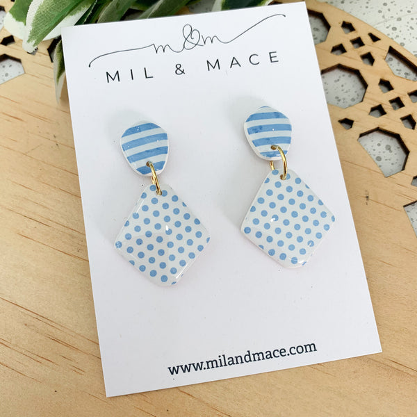 Light Blue and White Stripe Polymer Clay Dangle Earrings with Resin Finish