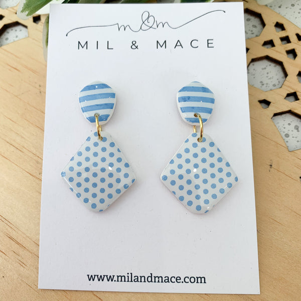 Light Blue and White Stripe Polymer Clay Dangle Earrings with Resin Finish