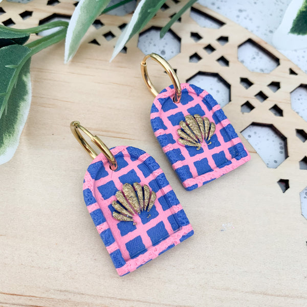 Pink and Blue Check Polymer Clay Dangle Earrings